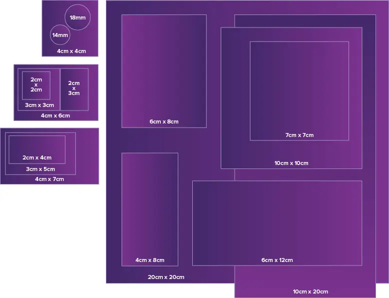 AmchoPlast size guide showing disk, square, and rectangular configurations